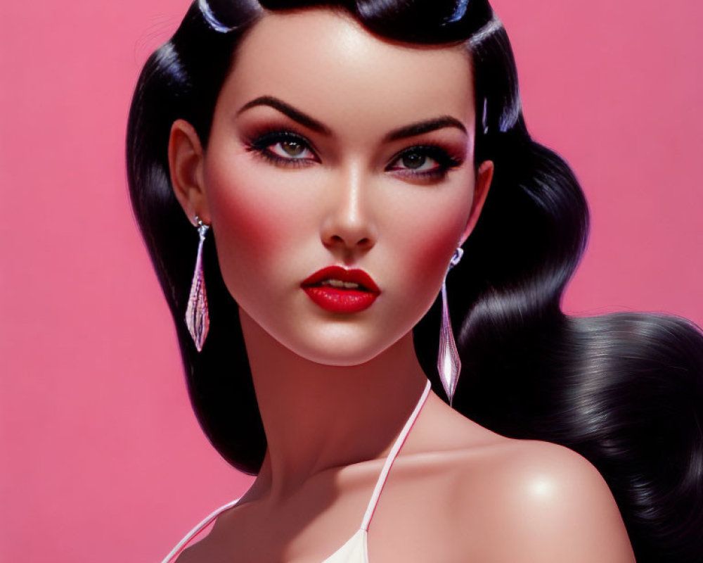 Digital artwork: Woman with porcelain skin, red lips, bold eyeliner, black hair, earrings,