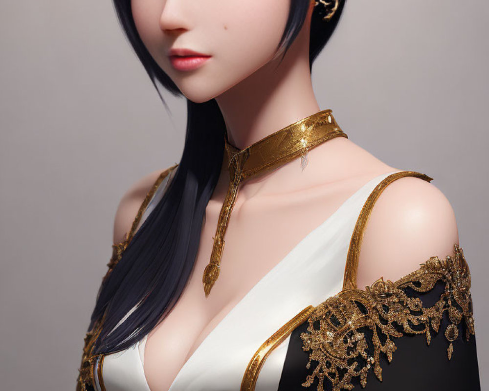 Female CGI character with dark hair, gold choker, black & white dress with gold embroidery