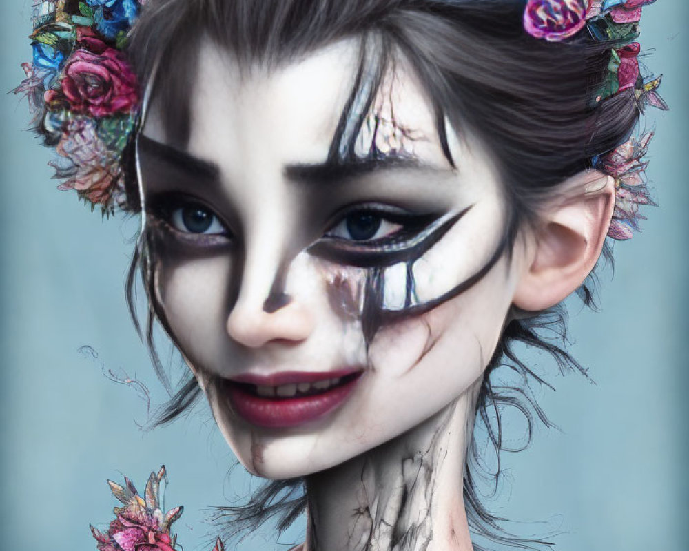 Digital Artwork: Female Figure with Floral Crown and Dramatic Mask-Like Face Paint