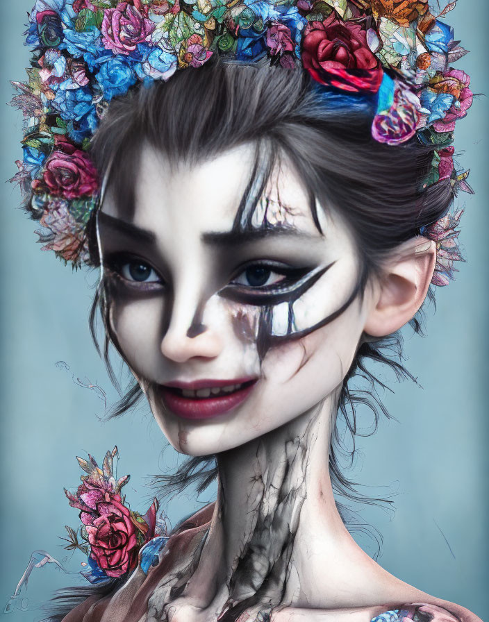 Digital Artwork: Female Figure with Floral Crown and Dramatic Mask-Like Face Paint
