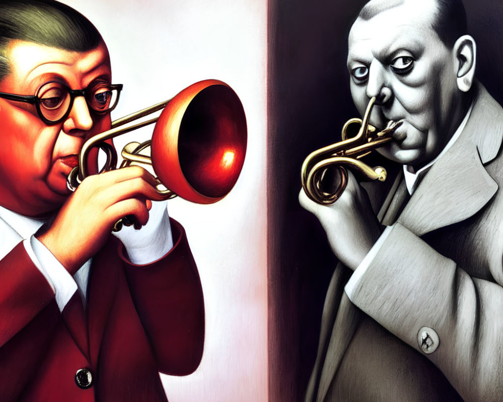 Caricatured men playing trumpet and observing, with exaggerated features on red and grey backdrop