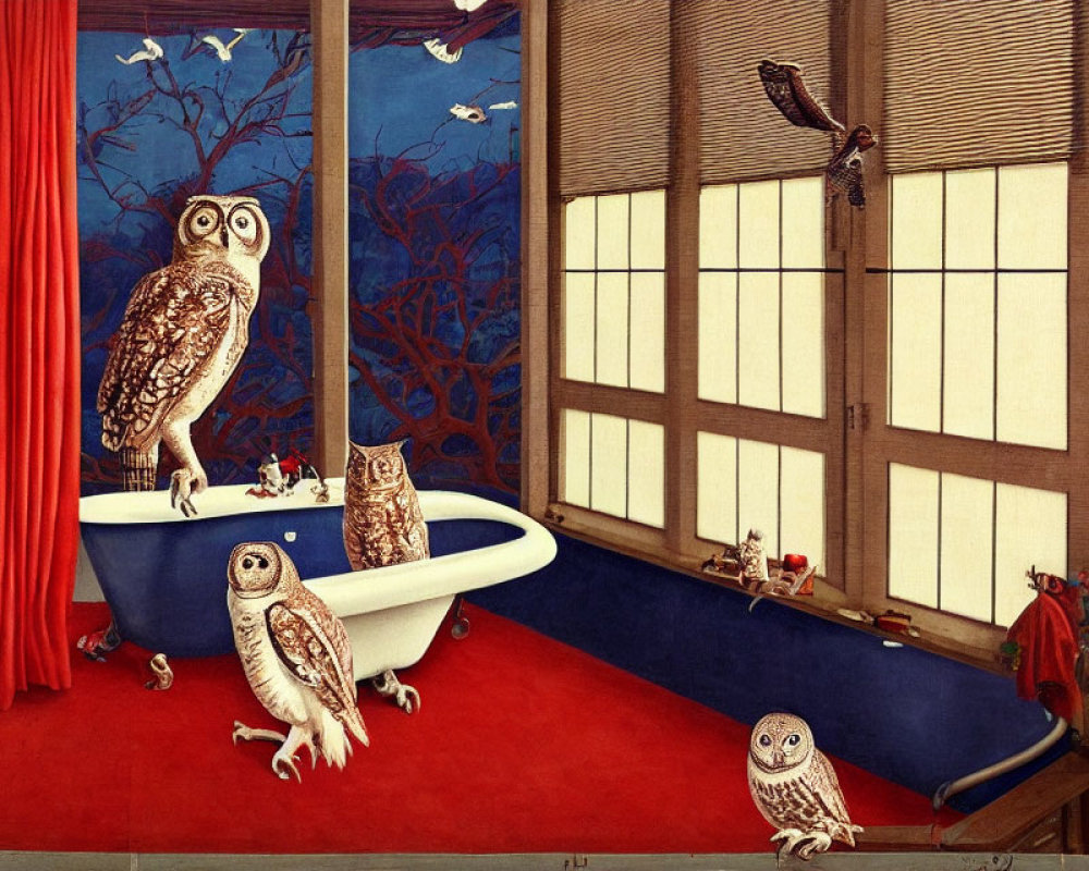 Surreal artwork featuring owls in vintage bathroom setting