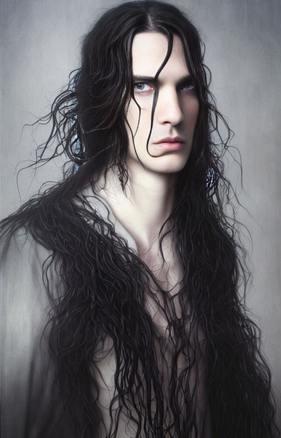 Long Wet Curly Black Hair and Piercing Gaze Portrait