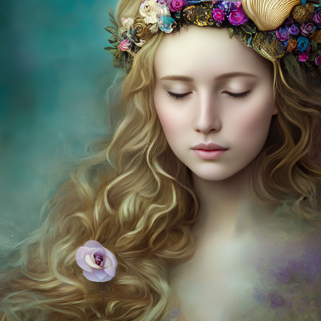 Woman with Golden Curls and Floral Crown in Peaceful Pose