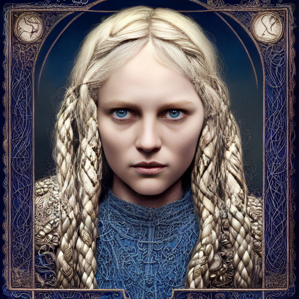 Portrait of Woman with Blue Eyes, Braided Hair, Blue Top, and Gold Armor on Blue Background