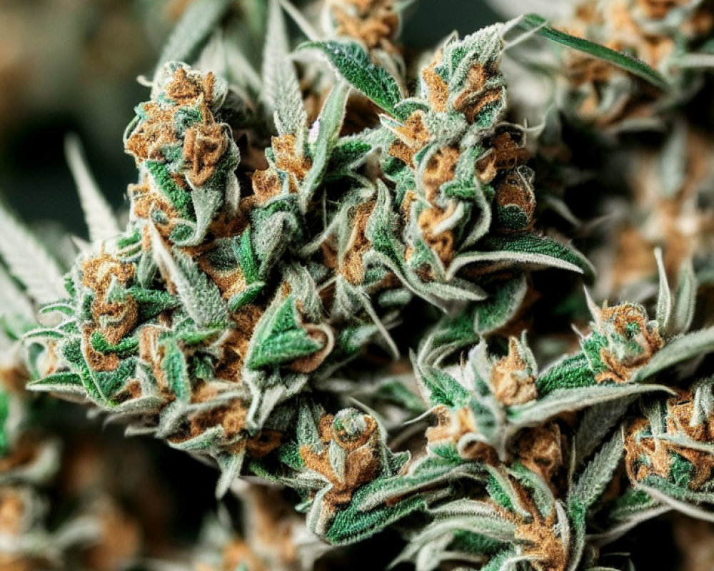 Detailed View of Cannabis Buds with Trichomes and Orange Pistils