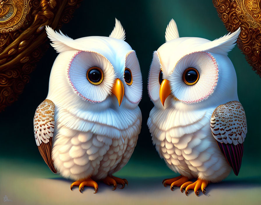 Stylized cartoonish owls with large eyes in warm-hued whimsical setting