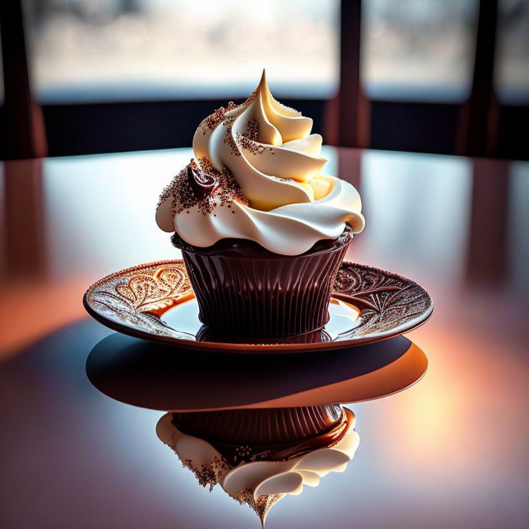 Decadent cupcake with creamy frosting and chocolate sprinkles on ornate plate