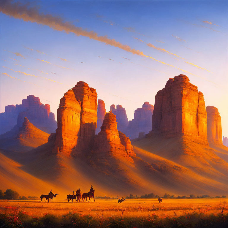 Red rock formations and horse riders in golden-lit landscape at dusk