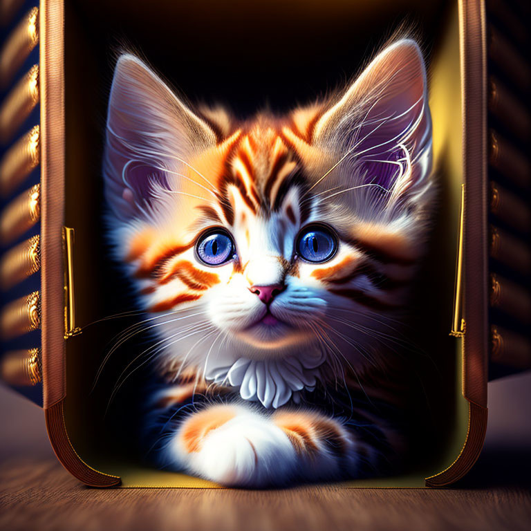 Fluffy tabby kitten with blue eyes in leather suitcase surrounded by books