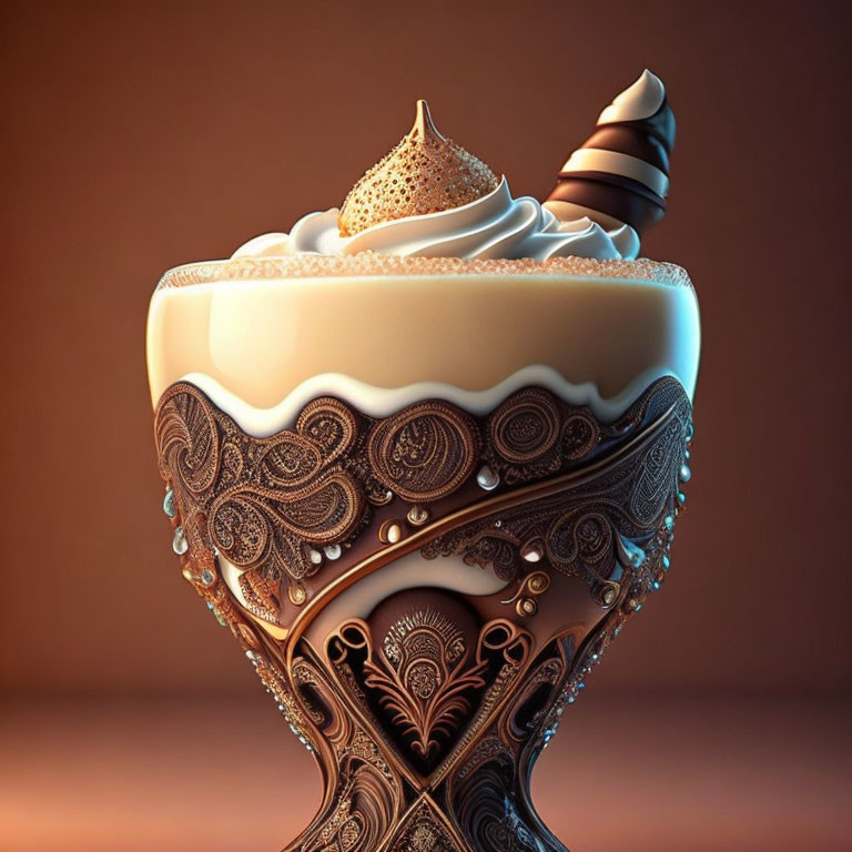 Creamy dessert in ornate glass with whipped cream and chocolate garnish on warm backdrop