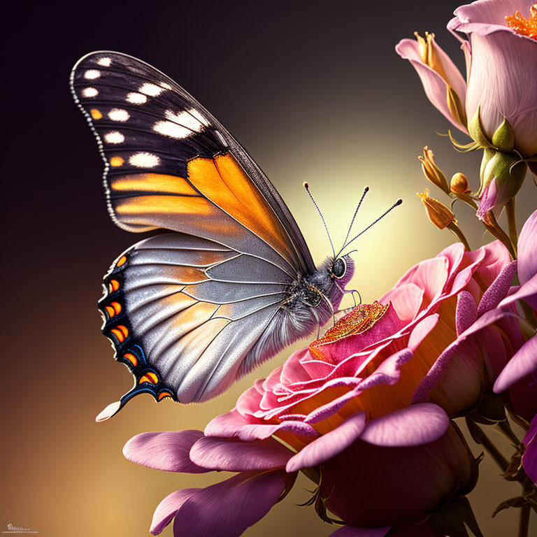 Vibrant butterfly with patterned wings on pink flower against warm backdrop