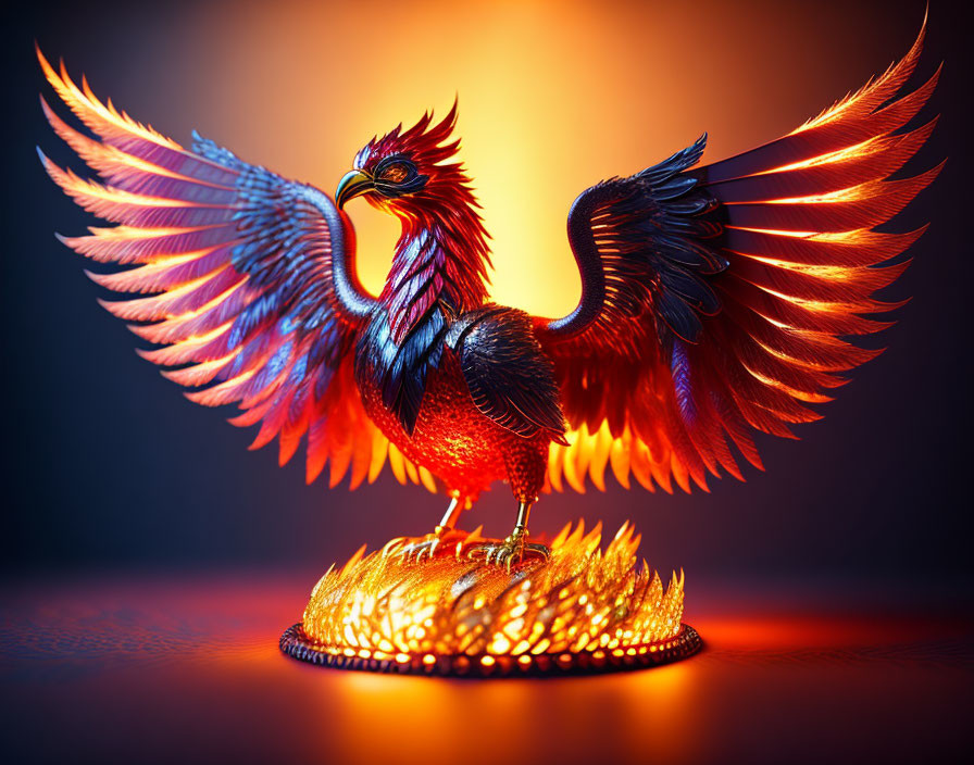 Colorful Phoenix Sculpture Standing on Flames against Dark Background