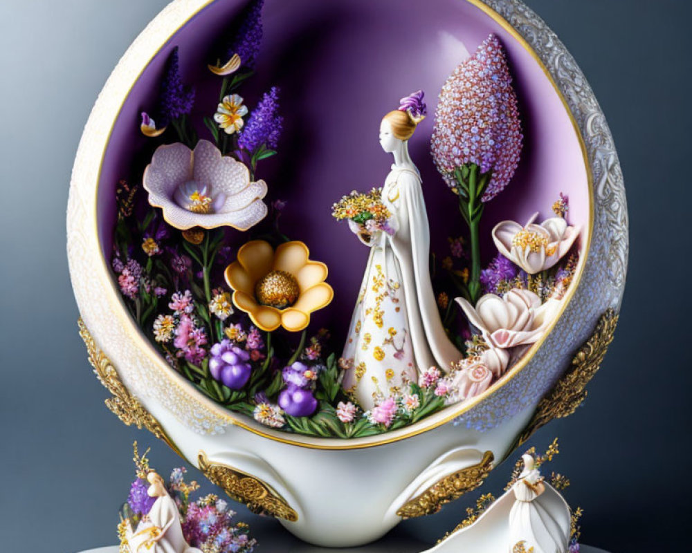 Intricate porcelain egg with woman, flowers, and golden accents.