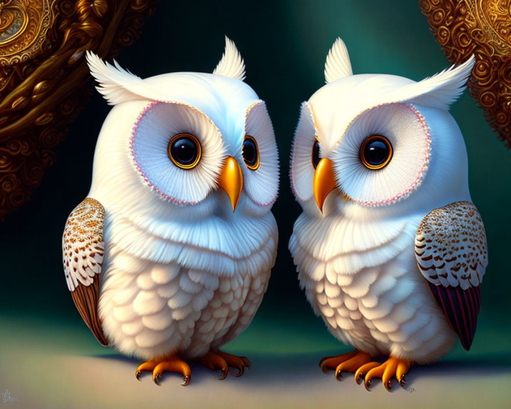 Stylized cartoonish owls with large eyes in warm-hued whimsical setting