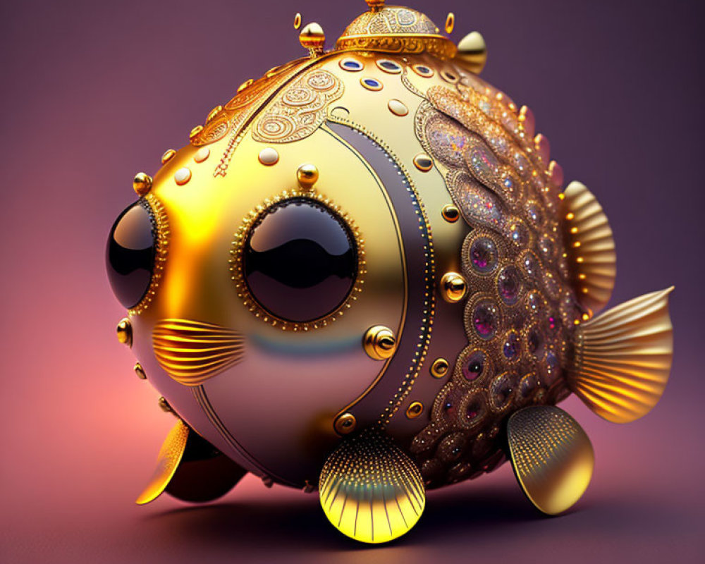 Ornate gold-accented fish with expressive eyes on purple background