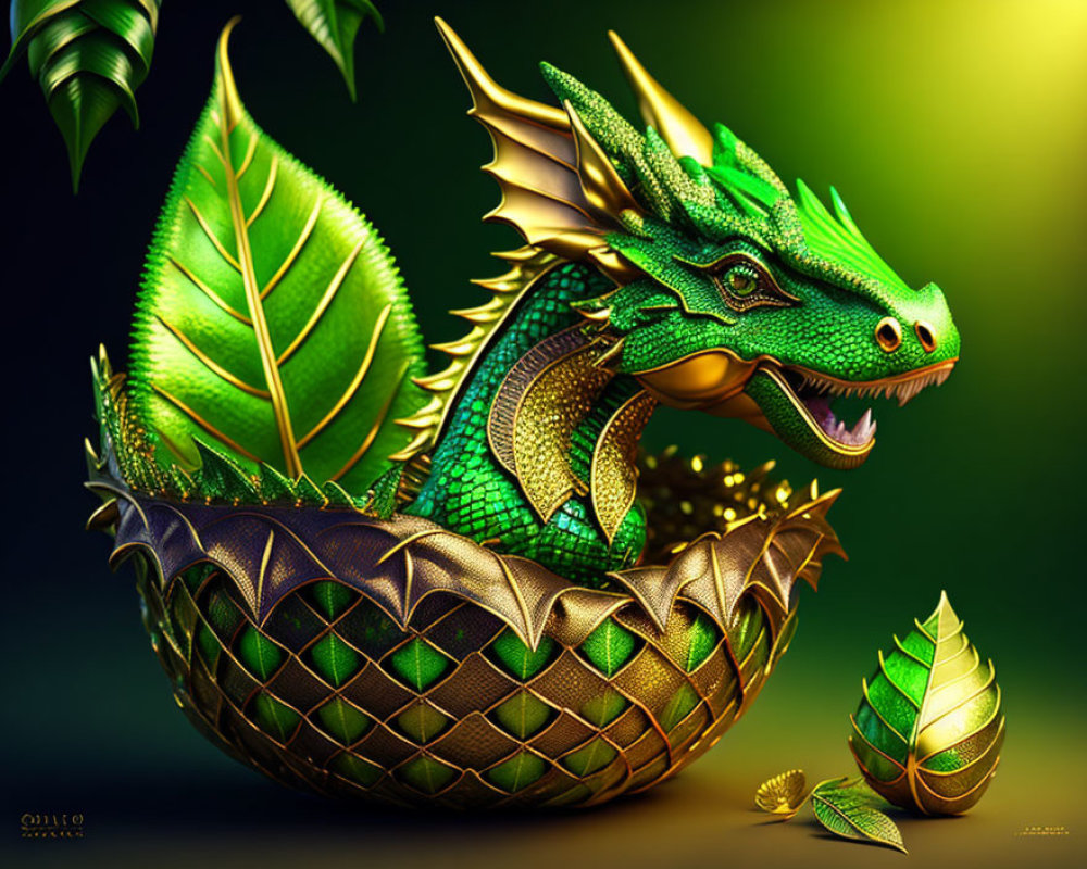 Vibrant digital artwork: Green dragon with golden underbelly, horns, coiled in nest
