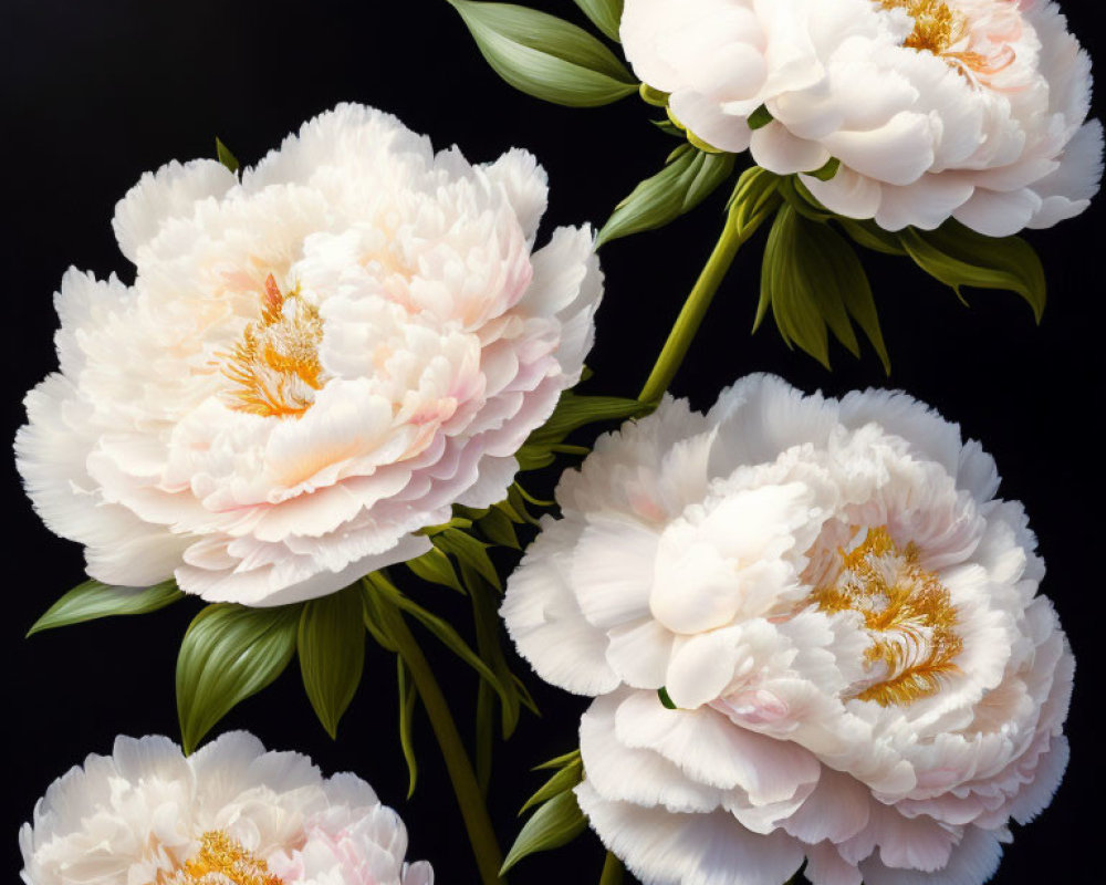 Close-up of Five White Peonies with Pink Edges and Yellow Centers on Dark Background