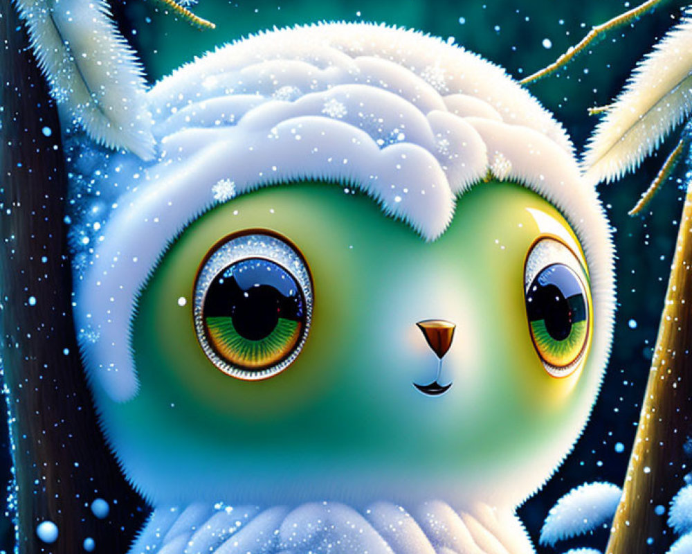 Wide-eyed owl perched on snow-covered branches under night sky