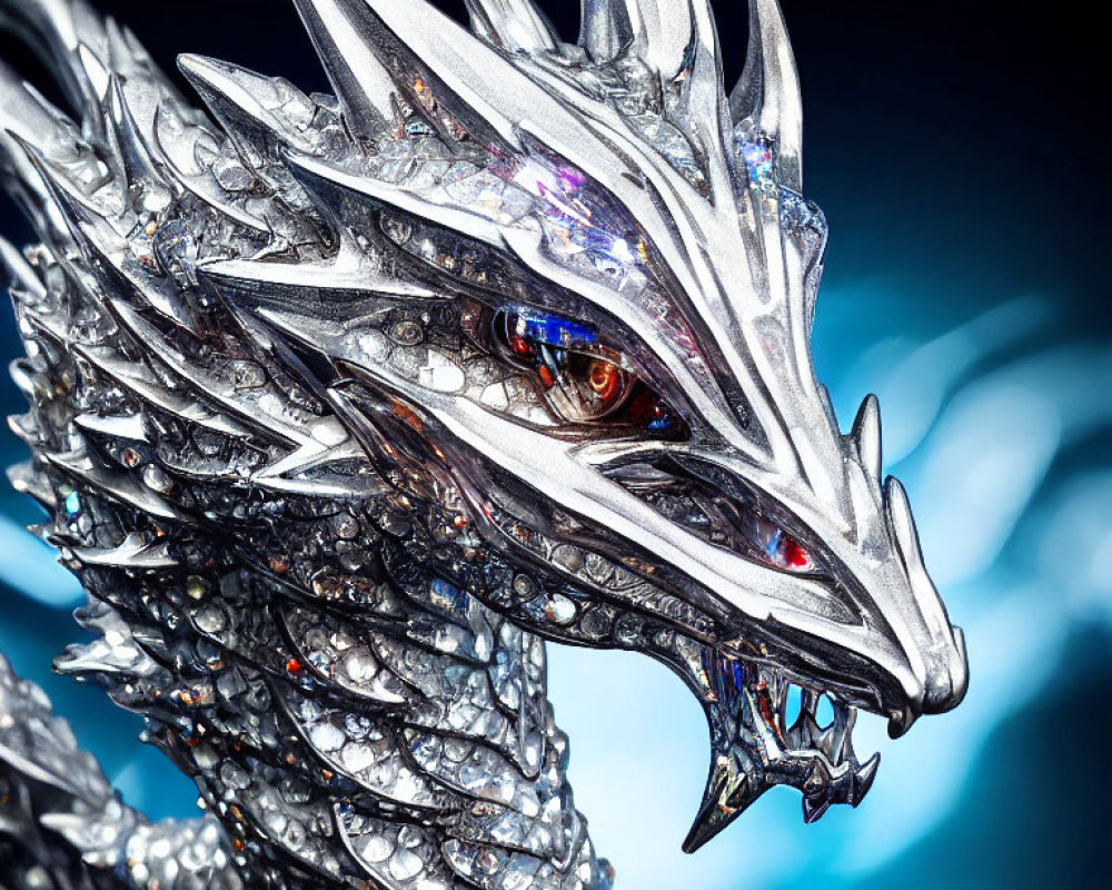 Detailed Metallic Dragon Sculpture with Intricate Scales and Red Eye