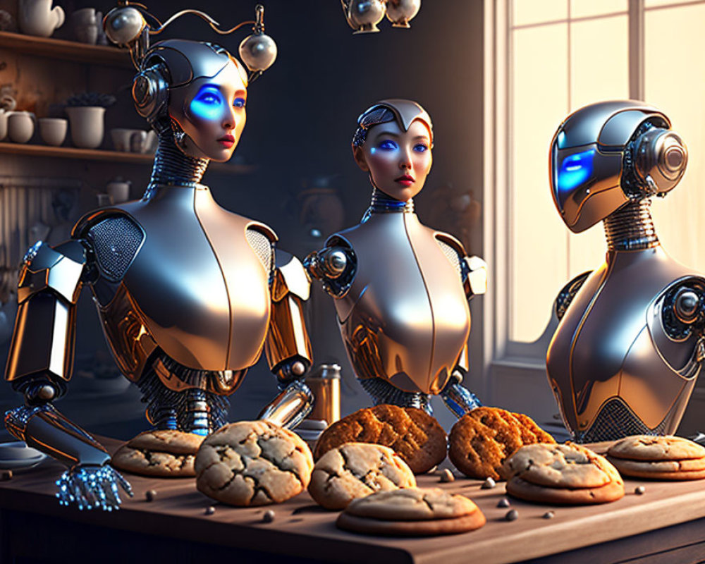 Three humanoid robots in a kitchen with baked cookies