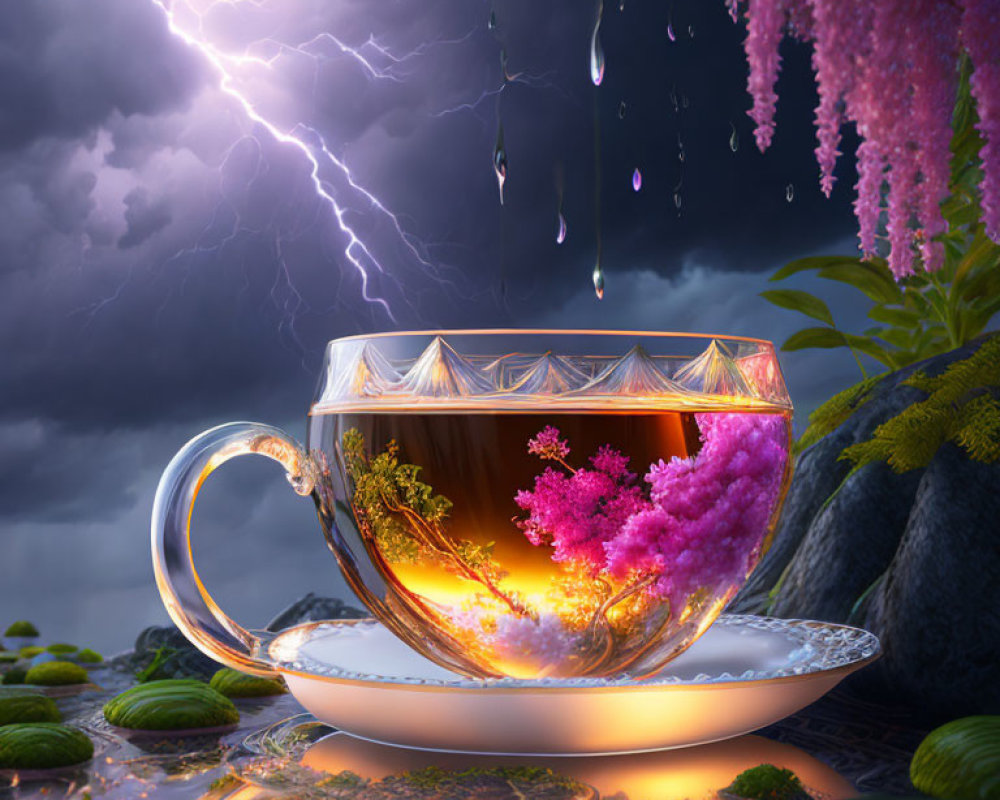 Translucent tea cup in vibrant pond under stormy sky with lightning