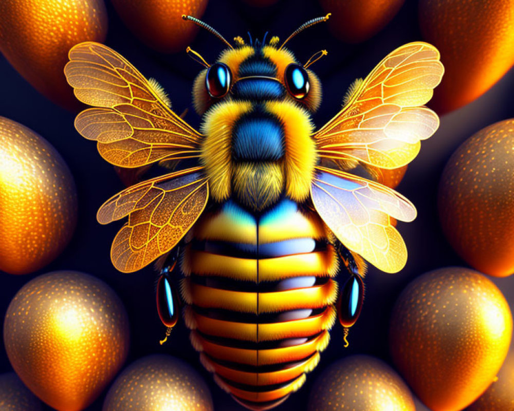 Detailed digital illustration of bee with intricate wings and body among golden orbs