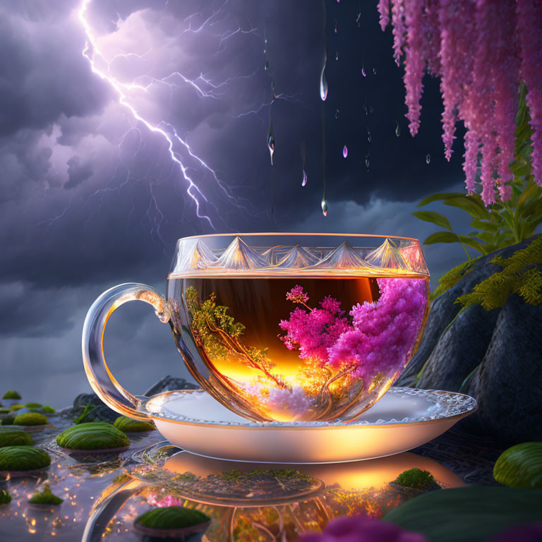 Translucent tea cup in vibrant pond under stormy sky with lightning