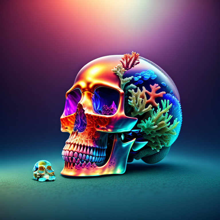 Colorful iridescent skulls with coral adornments on gradient background