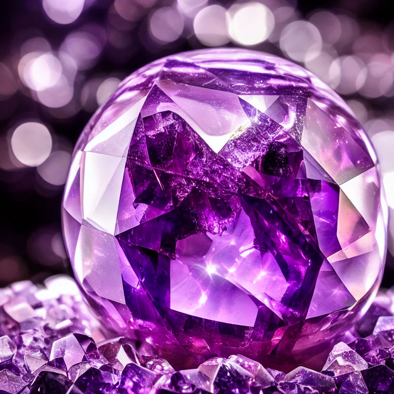 Faceted Sparkling Purple Gemstone on Crystals and Bokeh Background