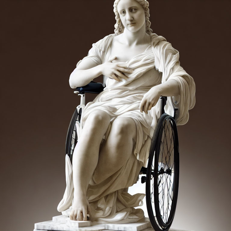 Classical sculpture merged with modern wheelchair elements showcasing contrasting eras and abilities