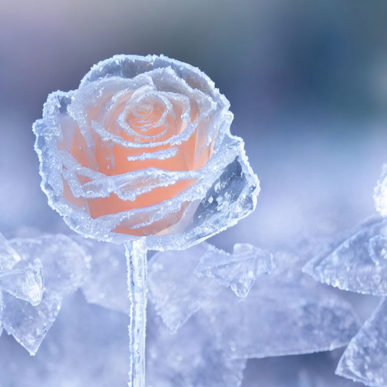 Frost-Covered Rose on Blurred Background: Floral Beauty and Icy Crystals Interplay