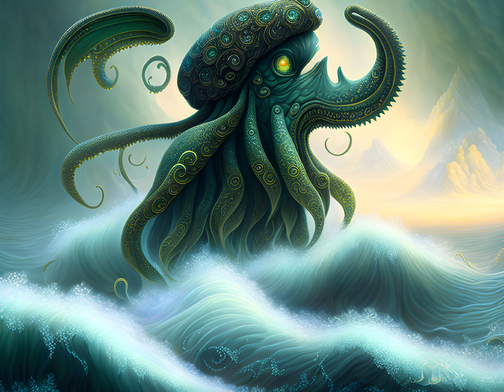 Detailed illustration of mythical octopus-like creature in churning ocean waves under misty mountains