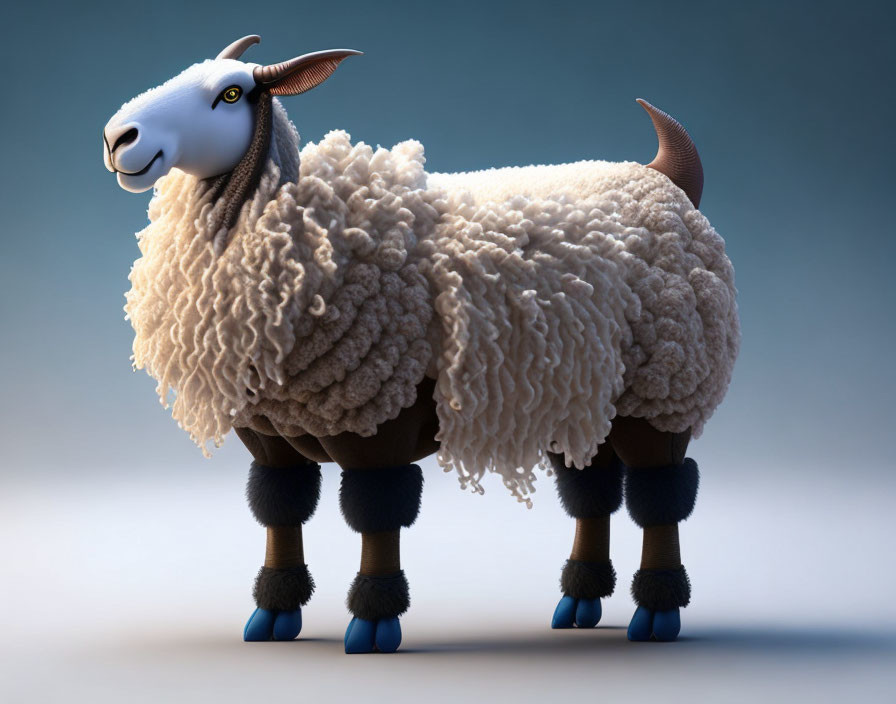 Fluffy sheep 3D illustration with blue hoof protectors