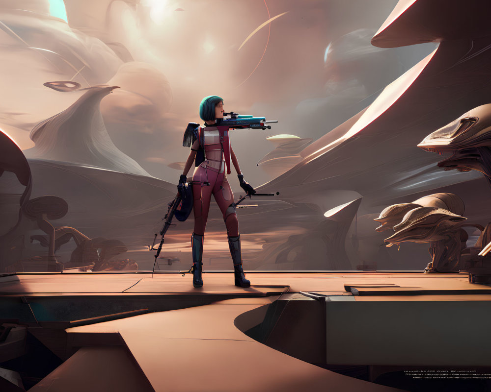 Female cyborg with sniper rifle in futuristic setting with giant mushroom structures under pink sky