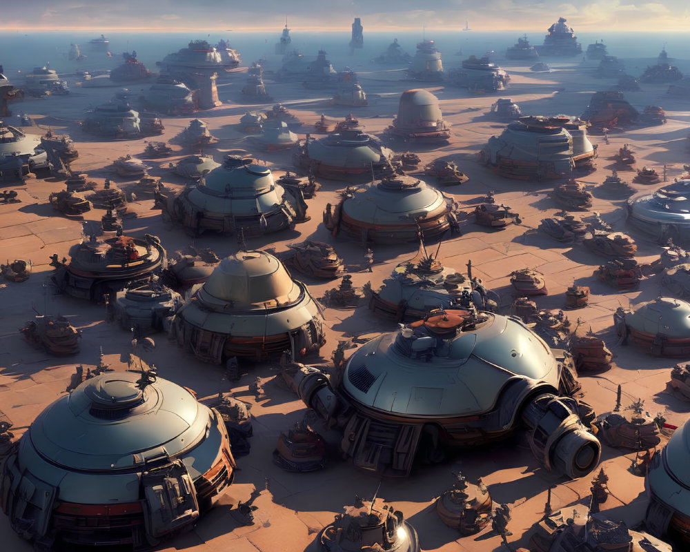 Futuristic desert cityscape with dome-shaped buildings at dusk
