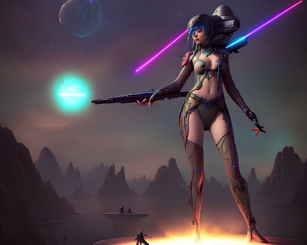 Futuristic female warrior with cybernetic enhancements on alien planet with rocky formations and two moons.