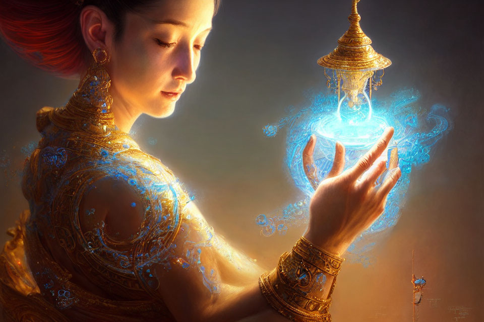Red-Haired Woman in Traditional Attire Holding Blue Light and Golden Artifact