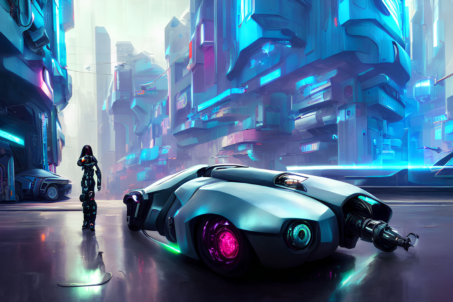 Futuristic cityscape with towering buildings, neon lights, person in a suit, and advanced car