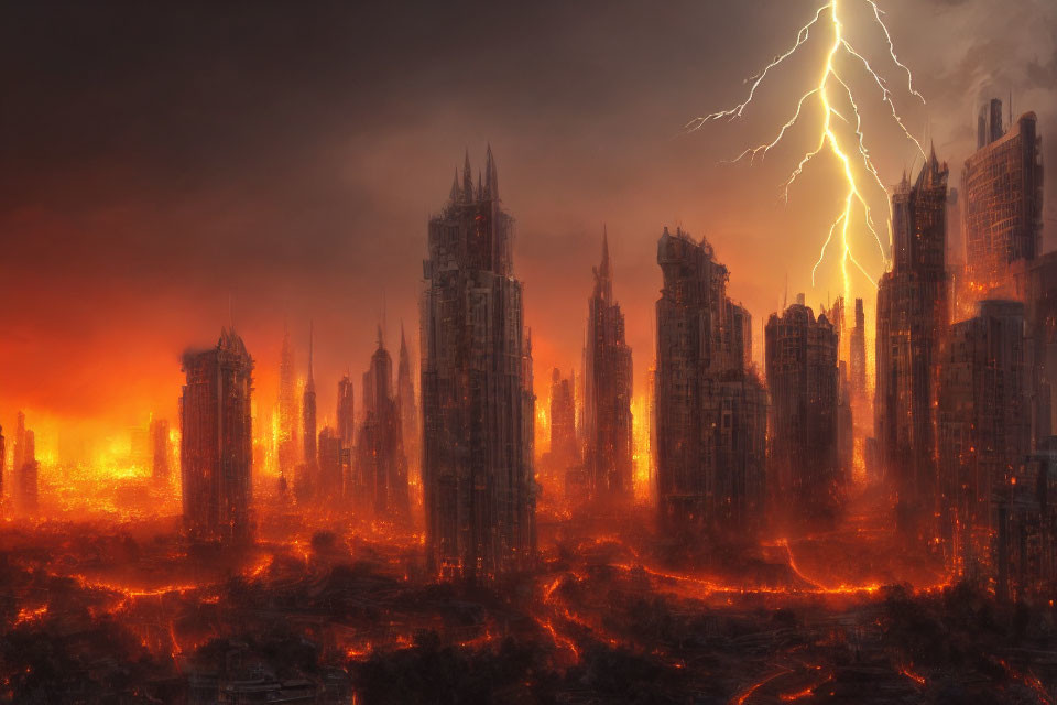 Dark dystopian cityscape with fiery lava streams under stormy sky