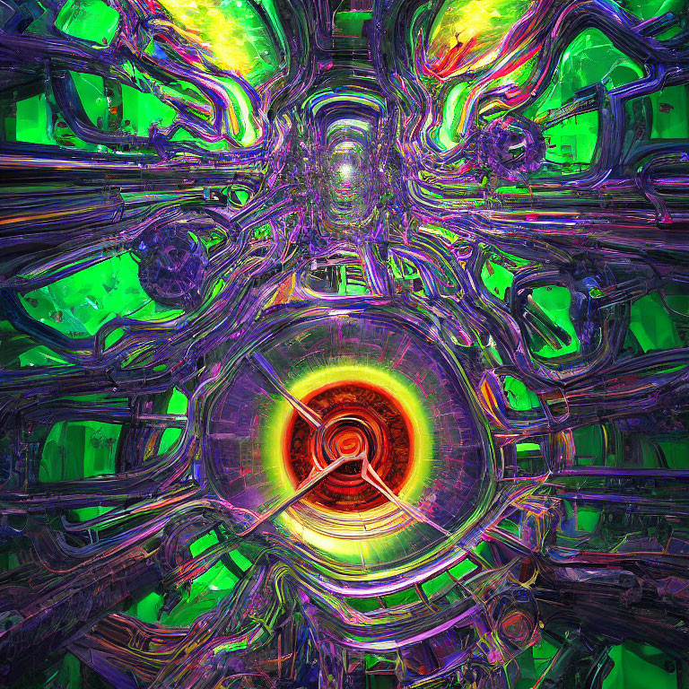 Colorful digital artwork: Red-orange vortex with metallic green and purple structures