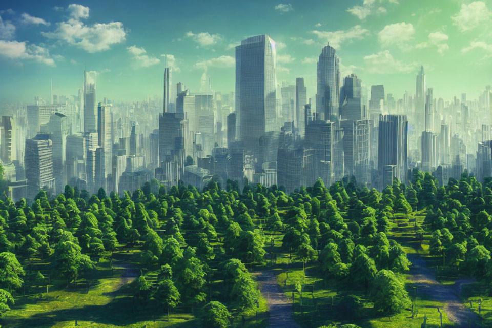 Futuristic cityscape integrated with lush green forest under clear sky