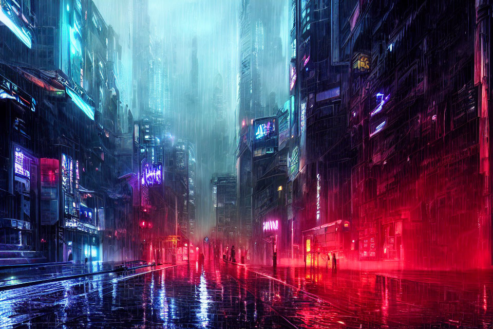 Futuristic neon-lit cityscape in rain with reflections