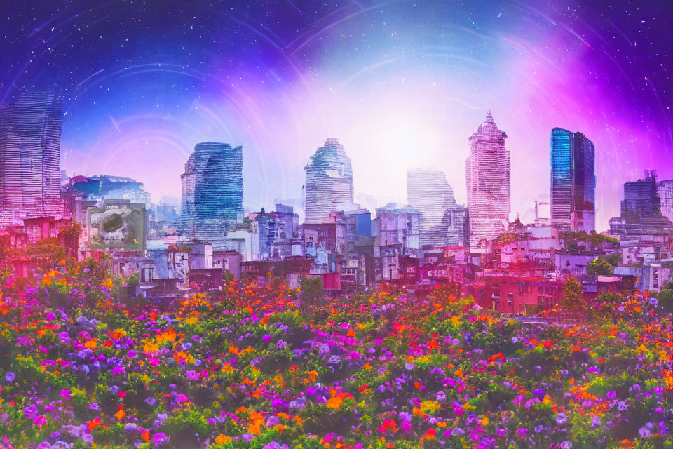 Colorful cityscape with skyscrapers and starry sky over vibrant flower field