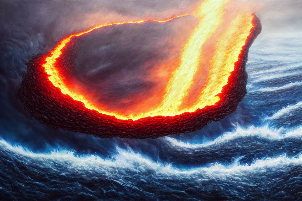 Volcanic eruption: molten lava meets ocean, creating steam and fiery glow