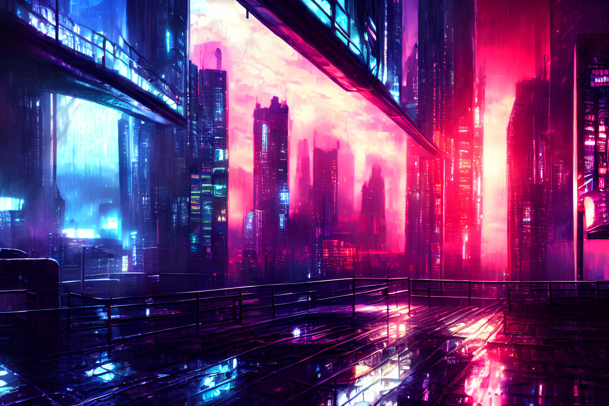 Futuristic cityscape with neon lights and skyscrapers at dusk