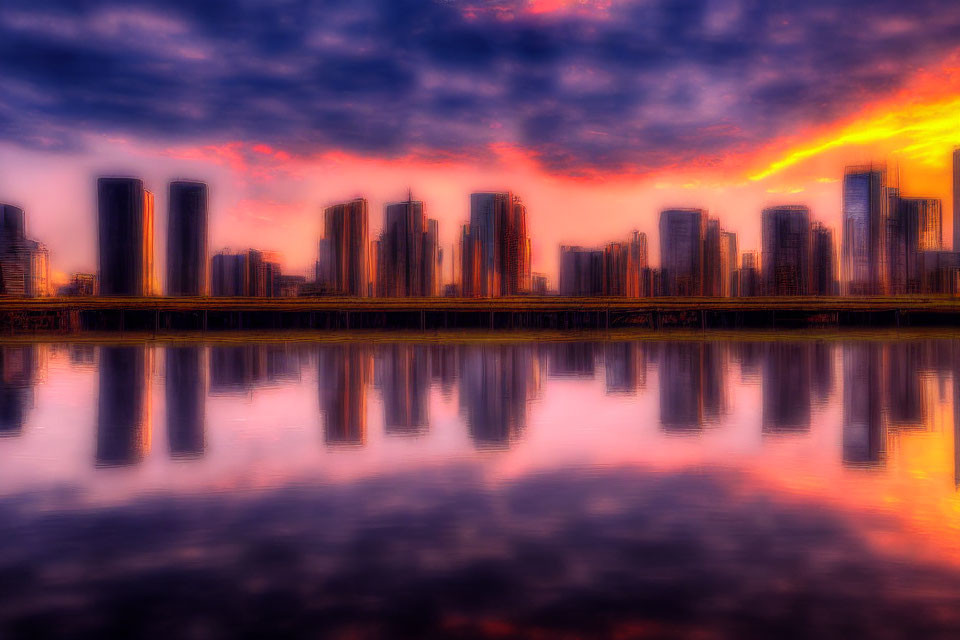 Fiery sunset reflecting on water with city silhouette