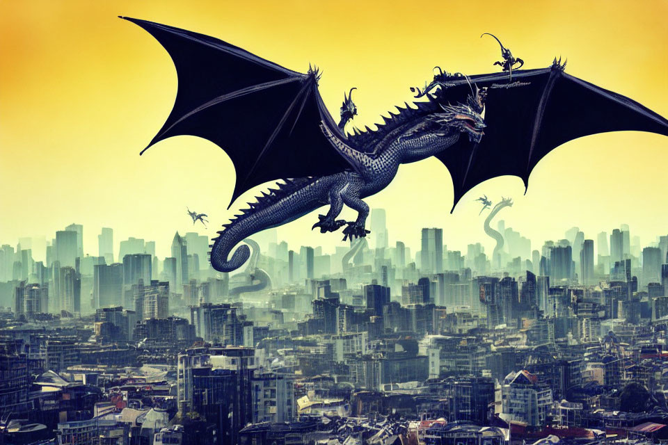 Majestic dragon flying over city skyline with smaller dragons under golden sky