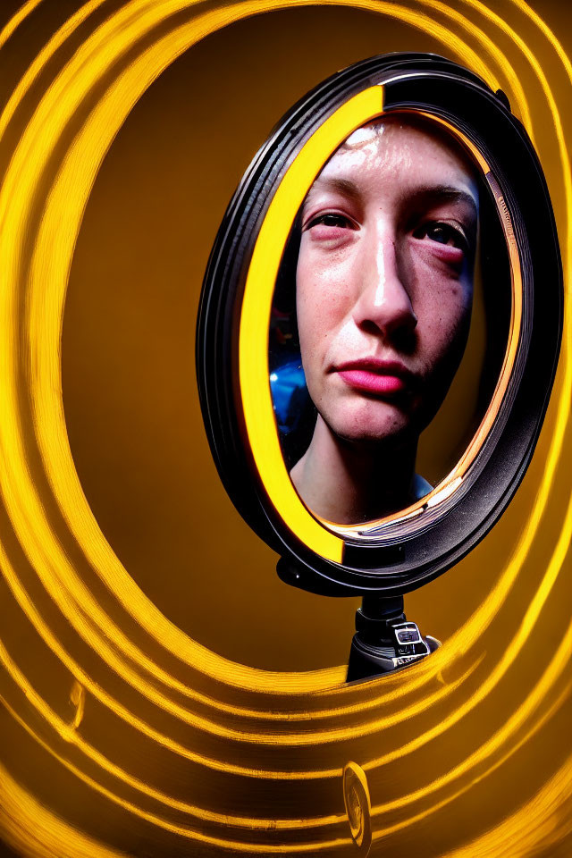 Circular Ring Light Portrait with Swirl Effect and Warm Yellow Tones