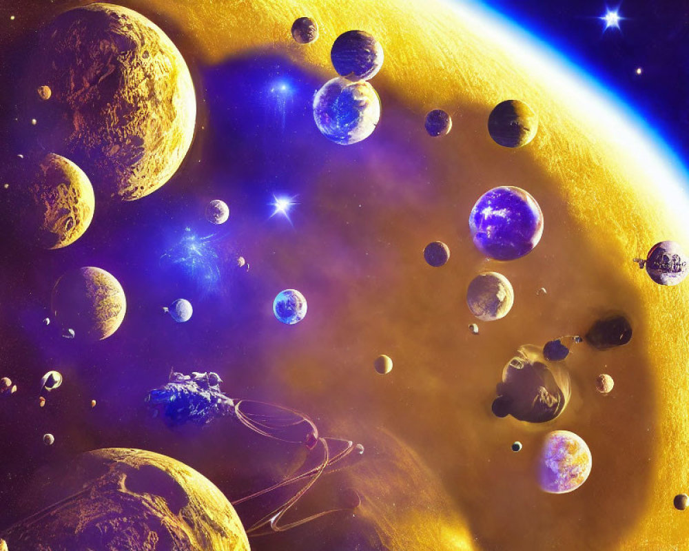 Colorful Planets and Moons in Golden Nebula Scene
